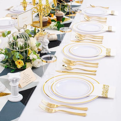 350 Pieces White and Gold Plastic Plates - 50 Guest Dinnerware Set Include 100 Plates, 50 Gold Plastic Silverware, 50 Paper Napkins and 50 Cups for Wedding/Baby Shower/Spring/Birthday/Mother's Day - color: Gold - Modern, size: 350