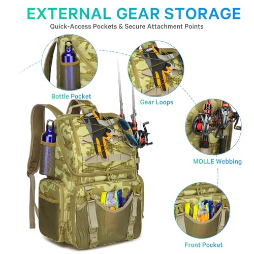 Fishing Backpack, 45L Large Cooler Fishing Tackle bag with Rod Holders & Rain Cover, Water-resistant Store Gear (Khaki Camo) - color: Khaki Camo
