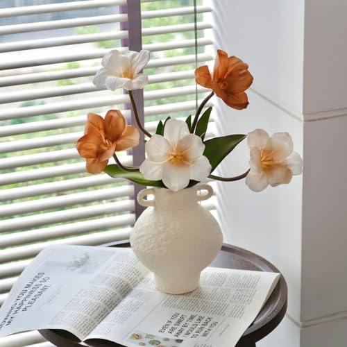 Ceramic Flower Vase with Handle, 7.1 inch Decorative White Vases for Home Decor, Farmhouse Rustic Vases for Table Mantle Fireplace Living Room Bathroom Wedding Centerpiece - color: Milky White - Vase With Ears