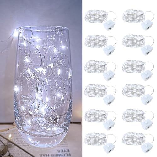 12 Pack Led Fairy Lights - White, Battery Operated LED Silver Wire String Lights, 7FT 20LED Mini Firefly Starry String Lights Waterproof Led Twinkle Lights for Mason Jar DIY Christmas Decor - color: White
