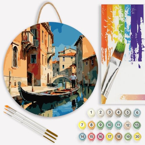 Venice Gondola Paint by Numbers Kit for Adults on Wood Board – DIY Venetian Canal Gondolier Wood Craft Painting Kit, 12 in Round, Acrylic Paint Set, Beginner-Friendly, Relaxing Home Decor Gift - color: TCXY04816