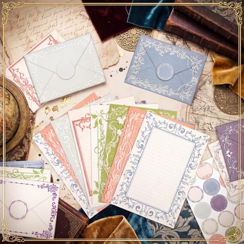 TaoBary 160 Pcs Stationery Paper Set 50 Double Sided Stationery Papers with 50 Matching Envelopes and 60 Round Dot Sticker, 10 design(vintage Lace Frame, 5.5 x 8.25 Inch) - size: 8.25 x 5.5 Inch, style: Vintage Lace Frame