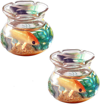 2 Pieces Miniature Fish Bowl Set, Round Resin Fish Tanks with Goldfish Grass, Dollhouse Accessories Decor for Dollhouse Desktop Craft Project Decor