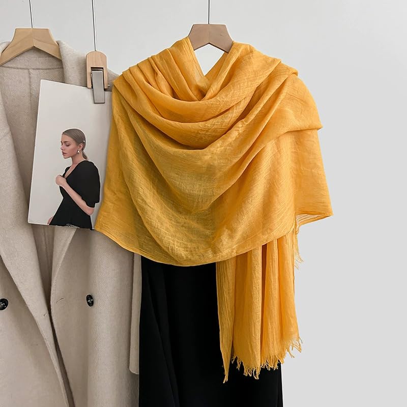 Solid color cotton and linen scarf, wrinkled all season versatile long sunscreen fashionable shawl - color: Light Turmeric