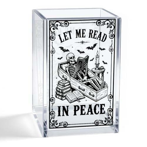 Let Me Read In Peace Acrylic Pen Holder, Gothic Skeleton Coffin Book Desk Pencil Cup Organizer, Halloween Office Desk Decor, Bookworm Gifts for Book Lover Teacher Student Librarian Reader - color: Clear 3