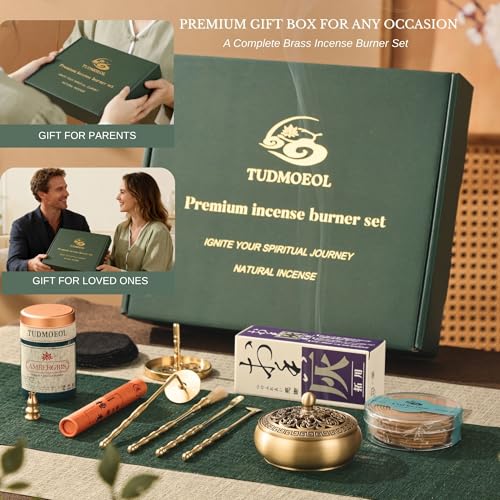 Powder Incense Burner Kit with Brass Censer, Incense Ash Tools and Mold Press Set, Complete Gift Box for Meditation, Yoga and Home Relaxation - color: Copper