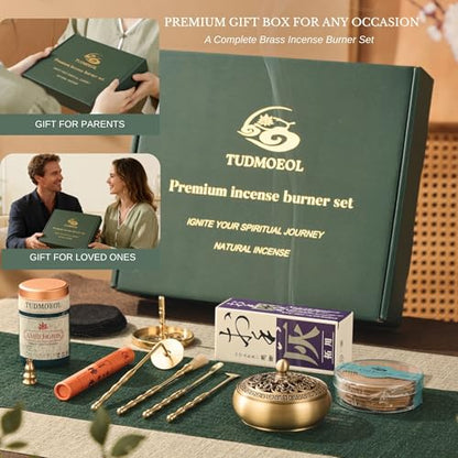 Powder Incense Burner Kit with Brass Censer, Incense Ash Tools and Mold Press Set, Complete Gift Box for Meditation, Yoga and Home Relaxation - color: Copper
