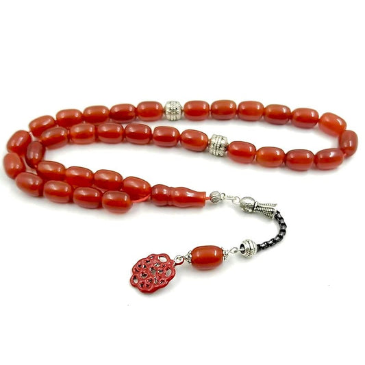ALBASHAN Tasbih Natural 5A Red Agates with Red pendant Islam Muslim bracelet 33 45 66 51 99 100prayer beads stone Rosary - size: 10*14MMX33beads