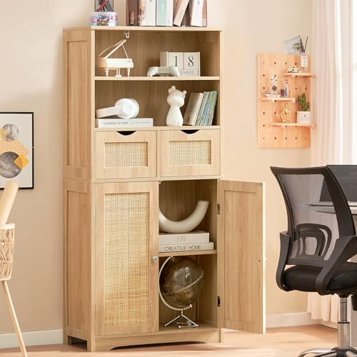 Iwell Tall Storage Cabinet, Rattan Cabinet with 2 Drawers & Adjustable Shelf, Kitchen Pantry Storage Cabient, Entryway Cabinet for Living Room, Dining Room, Home Office, Natural - color: Natural, 2 Drawers