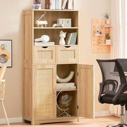 Iwell Tall Storage Cabinet, Rattan Cabinet with 2 Drawers & Adjustable Shelf, Kitchen Pantry Storage Cabient, Entryway Cabinet for Living Room, Dining Room, Home Office, Natural - color: Natural, 2 Drawers