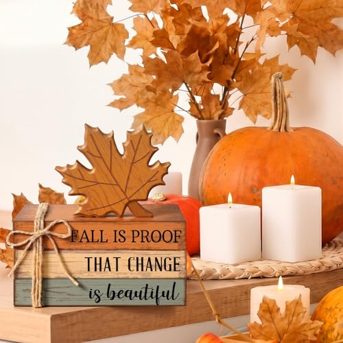 4 Pcs Fall Coffee Table Decorations Fall Tiered Tray Decor Thanksgiving Centerpiece Rustic Wooden Hot Cocoa Cup Maple Leaves Pumpkin Block Sign for Autumn Harvest Bar Kitchen Shelf Home - style: Fall Leaves