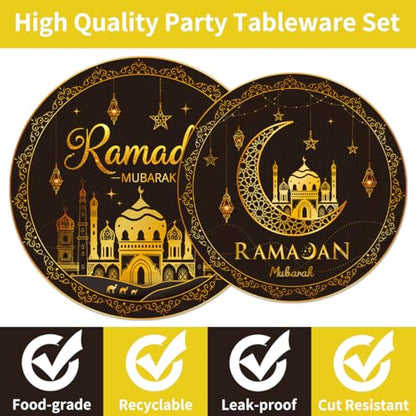 EUOYUFO 96Pcs Ramadan Party Tableware Set Eid Ramadan Mubarak Paper Plates Napkins Forks Ramadan Decorations for Home Party Supplies Serve 24 Guests : Home & Kitchen