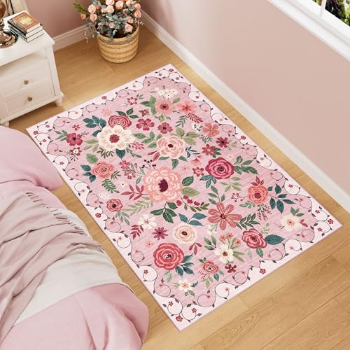 DUKINO 3x5 Area Rug, Floral Washable Rug for Bedroom Non Slip, Pink - color: Pink, size: 3' x 5' (Rectangular)