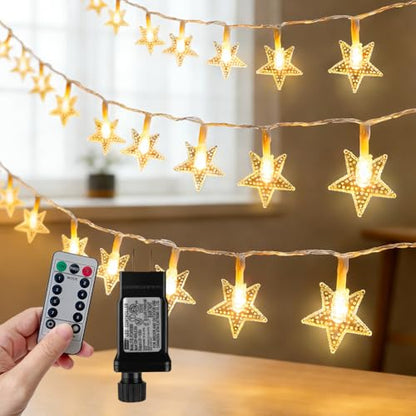RaThun 49.2ft Star String Lights with Remote for Indoor Bedroom Warm White - size: 49.2ft