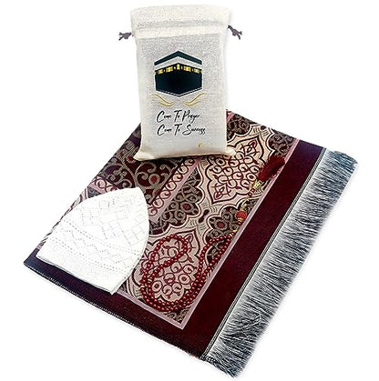ESERRA Muslim Prayer Rug - 99 Beads & Cap Included, Islam Prayer Mats for Men, Women & Kids (Red) - color: Red