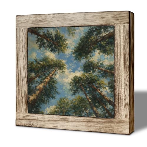 Vintage Pine Forest Wooden Desktop Sign, Woodland Tree Landscape Painting Wood Plaque Tabletop Decor for Living Room, Desk or Shelf - color: color44