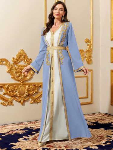 Elegant Muslim Dress with Gold Embroidered Evening Gown, Traditional Islamic Attire - color: Light Blue, size: X-Small