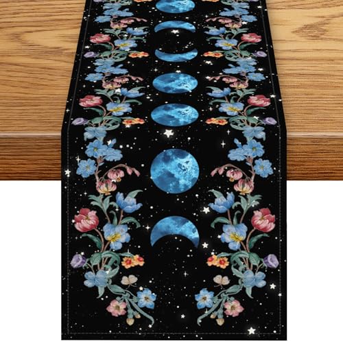 Boho Floral Table Runner, Rustic Spring Wild Floral Blue Moon Phase Botanical Gothic Witch Mystical Coffee Table Center Decor for Family Kitchen Outdoor Holiday Party Table Decorations, 13"x36" - color: Moon Flower-4, size: 13“ X 36"