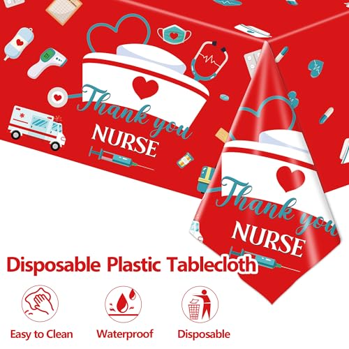 3 Pack Nurses Graduation Tablecloth,Thank You Nurses Disposable Plastic Table Cloth Plastic Table Covers for Nurses Week Gifts Bulk 2026 RN Nursing Graduation Party Supplies, 54 x 108 Inch - color: Red White
