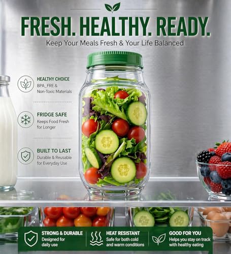 Salad Pod Mason Jar with Side Opening, Leakproof Salad Container for Lunch To Go, Portable Salad Shaker Jar with Dressing Cup, BPA-Free 34oz, Dishwasher & Microwave Safe