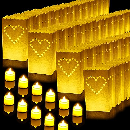 Sabary 50 Sets Luminary Bags with Flameless Tea Lights Outdoor Luminaries LED Lantern Candle Bags for Wedding Birthday Ramadan Christmas Party Decorations Romantic Decor(Heart) - style: Heart