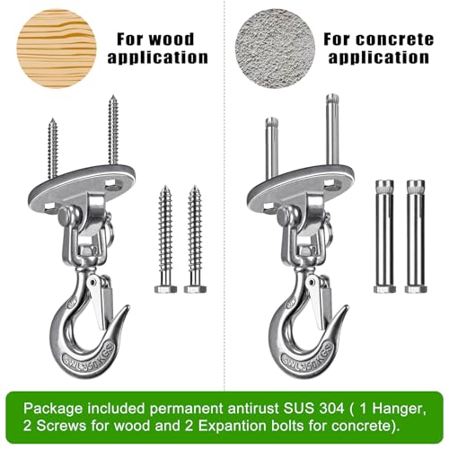 SELEWARE Heavy Duty Ceiling Swing Hanger with Safety Hook - Stainless Steel 360° Swivel Mount for Aerial Yoga, Porch Swing, Hammock Chair, Punching Bag, Tire Swing, 1000 LB Capacity - color: Silver Swing Hanger Hook