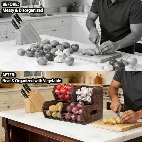 Wood Potato and Onion Storage Bins, Stackable Pantry Organizer, Rustic Produce Storage Baskets for Vegetable, Fruit and Snack