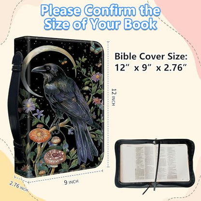Bible Cover Case for Women, PU Leather Large Bible Cases with Zipper Fits Books Up to 12" x 9" x 2.76”, Bible Carrying Bag for Men, Moon Raven - color: Moon Raven