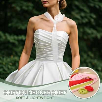 Chiffon Scarf for Women, Long Skinny Chiffon Neckerchief with Detachable Rose Flower Light Soft for Hair Ribbon - color: White