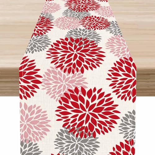 Red Gray Table Runner, Spring Seasonal Floral Boho Dahlia Pinnata Flower Modern Elegant Farmhouse Table Center Decor for Home Kitchen Dining Patio Holiday Party Table Decorations, 13"x36" Inch - color: Floral-7, size: 13x36" Table Runner