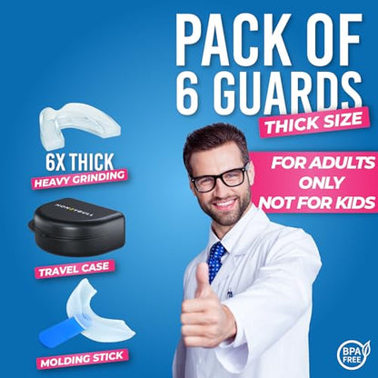 HONEYBULL Anti Grinding Night Guards, Custom Moldable Guards, 6 Pack Thick | BPA-free material, thicker profile for heavier grinding, overnight comfort, storage case included - size: Thick
