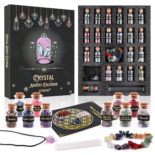Crystal Advent Calendar for Adults Women - Healing Gemstone Advent Calendar 2025 for 24 Days Christmas Countdown - Natural Crystals Chips Bottles Gift Set for Witch Beginners