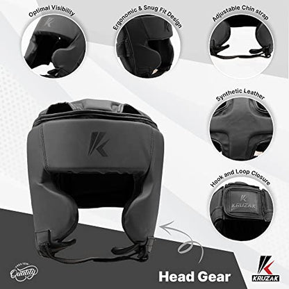 Kruzak Unisex Matte Black Boxing Gloves, Focus Mitts and Head Gear Set for Kickboxing and Muay Thai MMA Training | Fitness Kit for Martial Arts and Karate - size: S/M - Headgear