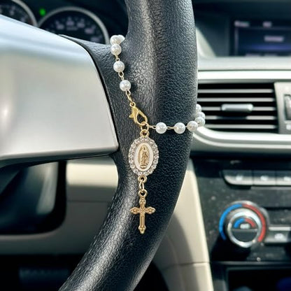 Car Rosary for Car, Steering Wheel Charm, Steering Wheel Rosary Charm with Virgin Mary & Cross, Cars Accessories for Rearview Mirror Protection Decor - style: A