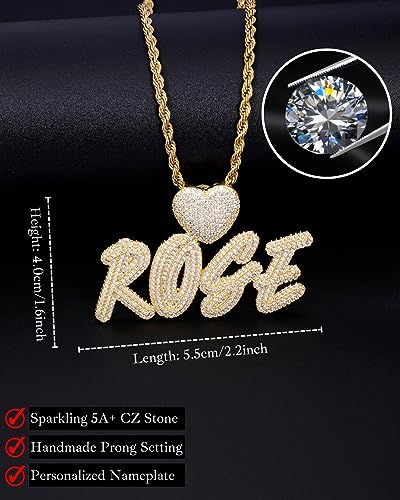 Lulu Mel Iced Out Personalized Cursive Name Necklace For Trendy Women, Custom Handmade Nameplate Pendant With Cuban Link Chain, White Gold Plated Hip Hop CZ Diamond Jewelry Gifts - color: Gold/Heart Hook