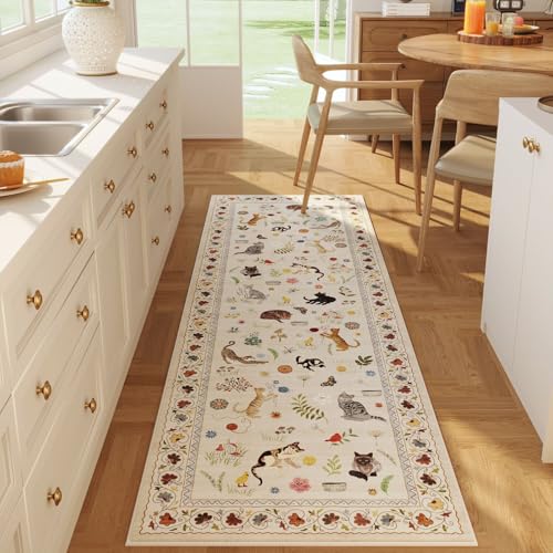 Rugcomf Runner Rug 2x5 Washable Non Slip Floral Animal Cat, Beige - color: Beige/Cat, size: 2' x 5' (Rectangular)