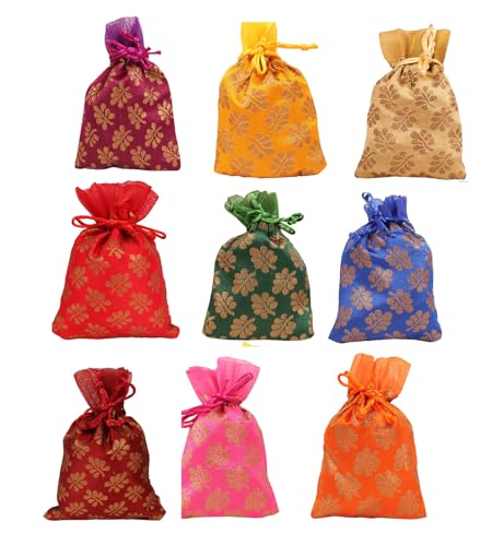Touchstone Drawstring Bags Traditional Indian Handcrafted Fabric Perfect for Gifts Jewelry Weddings Pouches Purses Potli - color: -Mimosa Leaf_멀티컬러 (9개 팩), size: 3x3 inches