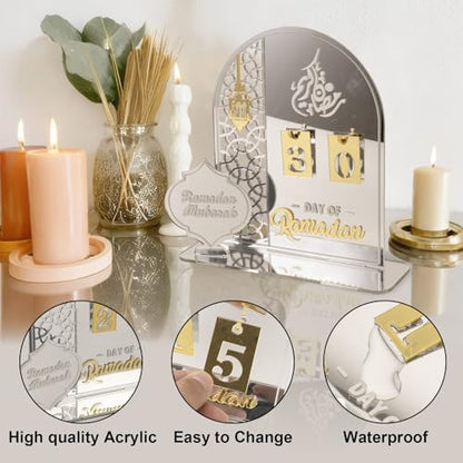 Acrylic Ramadan Countdown Calendar 2026, Silver Eid Mubarak 30 Day Advent Calendar, Ramadans Decorations for Home, Indoor Islamic Table Stand Fireplace Office Desk Decor, Muslim Kids for Gifts