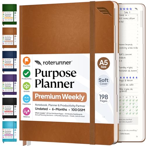 Roterunner Purpose Planner Notebook A5 5.8”x8.3” Undated 2026 Daily Weekly and Monthly Productivity Goal Setting Tool for Work Home ADHD Planner for Adults Self Care Journal (Tan Softcover) - color: Tan, size: A5 Softcover