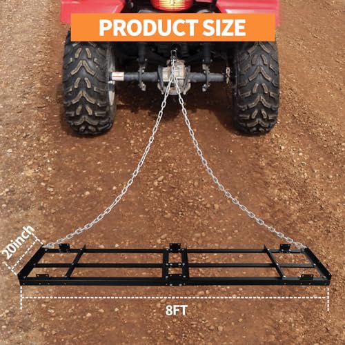8FT Drag Harrow Driveway Grader Heavy Duty Power Lawn Rake with 4FT Chain Tow Behind for ATV, UTV, Tractor, Mower, Land Leveler for Gravel, Sand, Soil, Hay - size: 8FT