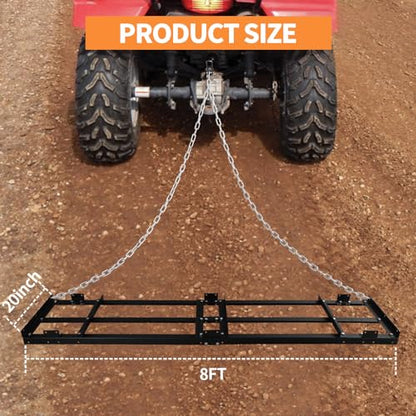 8FT Drag Harrow Driveway Grader Heavy Duty Power Lawn Rake with 4FT Chain Tow Behind for ATV, UTV, Tractor, Mower, Land Leveler for Gravel, Sand, Soil, Hay - size: 8FT