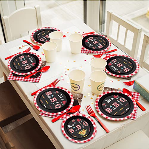 Tevxj 96 PCS BBQ Baby Shower Plates Napkins BabyQ Party Tableware It’s A Baby Q Disposable Paper Plates Napkins Sunflower Rustic Barbecue Gender Reveal Baby Shower Party Decorations Supplies Favors - style: BBQ