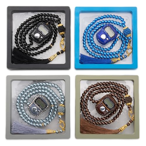INSYOHO Islamic Prayer Beads & Glitter Tasbeeh Counter 4 Pack - Digital Finger Counter, Muslim Tasbih for Dhikr Meditation Ramadan, Elegant Islamic Gift - color: Black + Gray + Blue + Brown