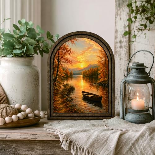 Autumn Lake Arched Decor, Rustic Landscape Table Sign - color: Autumn Lake Sunset