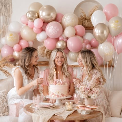 Dusty Pink Beige Gold Birthday Balloons for Women Girls, Double Stuffed Pearl Light Pink Dusty Rose Sand White Cream Printed Balloons with Metallic Light Gold Balloon for Boho Neutral Birthday Party - color: Dusty Pink White Birthday