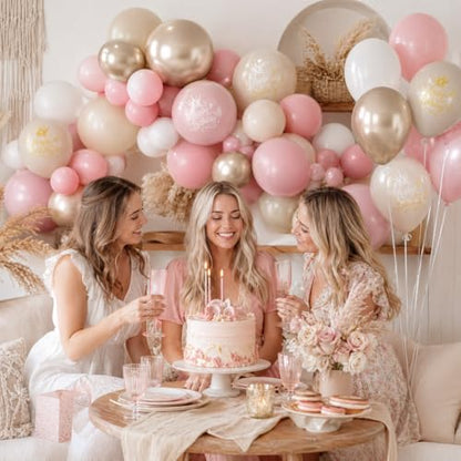Dusty Pink Beige Gold Birthday Balloons for Women Girls, Double Stuffed Pearl Light Pink Dusty Rose Sand White Cream Printed Balloons with Metallic Light Gold Balloon for Boho Neutral Birthday Party - color: Dusty Pink White Birthday