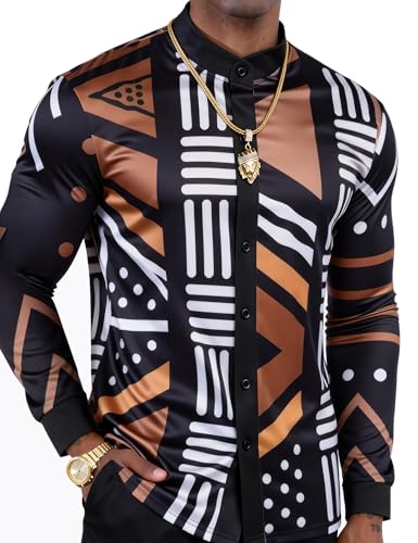 African Shirt Men African Attire Print Long Sleeve Dashiki for Men - color: African Geometric Print-long Sleeve, size: Large