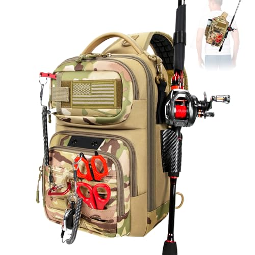 Fishing Sling Bag, Fishing Bag With Rod Holder Fixed Stickers, MOLLE System, Soft Bait & Gear Storage, Gift for Men, Khaki - color: Brown