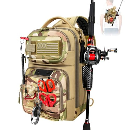 Fishing Sling Bag, Fishing Bag With Rod Holder Fixed Stickers, MOLLE System, Soft Bait & Gear Storage, Gift for Men, Khaki - color: Brown