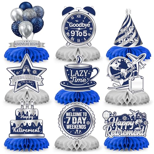 9 Pcs Retirement Party Decorations Honeycomb Centerpieces, Blue Silver Happy Retirement Table Decorations, Funny Officially Retired Table Toppers for Men Women Party Supplies - color: Retired.blue